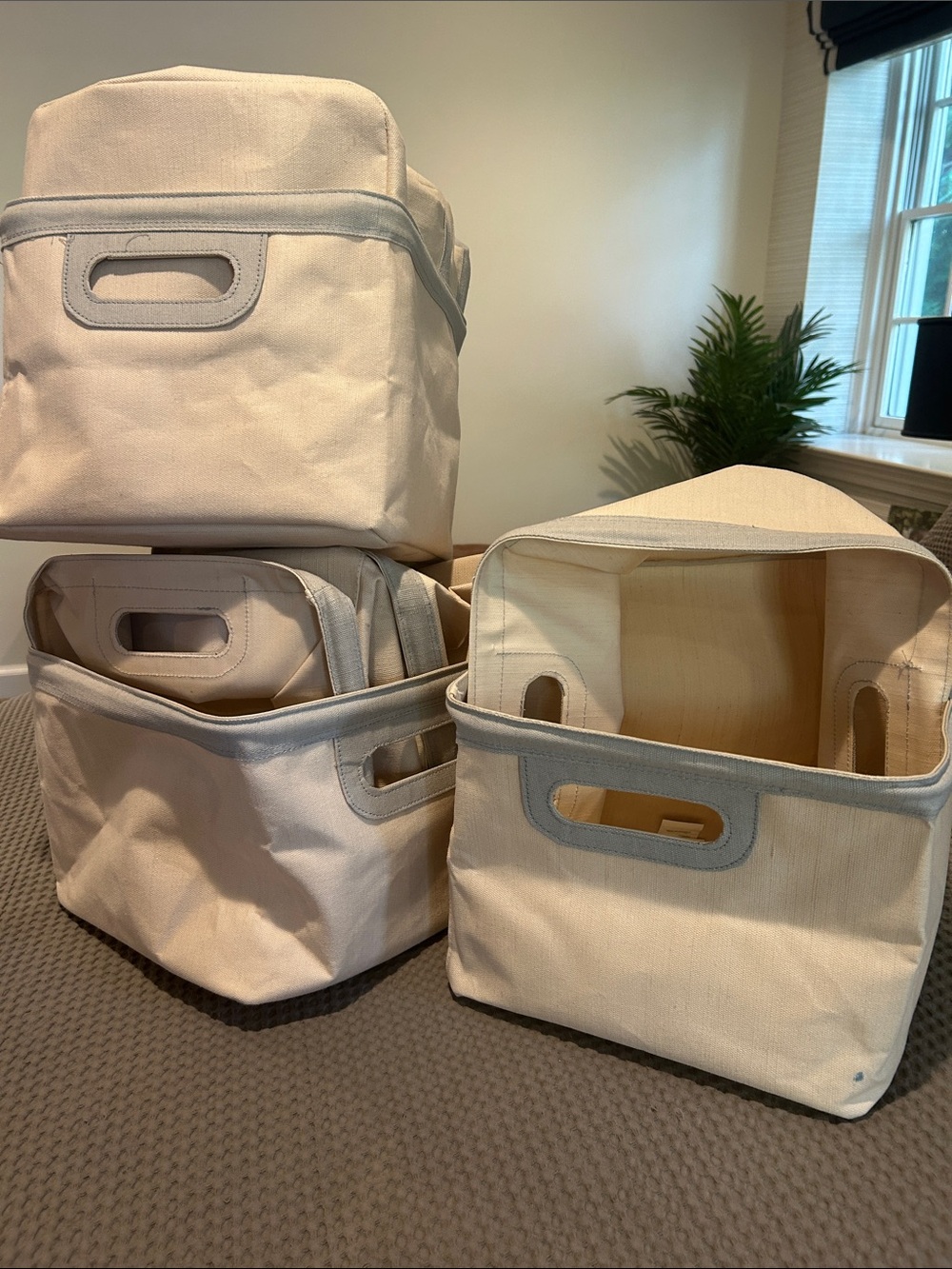 Pottery Barn Kids Cream Canvas Storage Bins with Gray Trim (Set of 9)